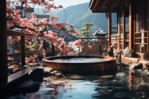 Landscape Japan onsen with sakura season Generative with Ai
