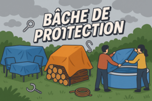 Bâches de protection installées sur mobilier de jardin et piscine