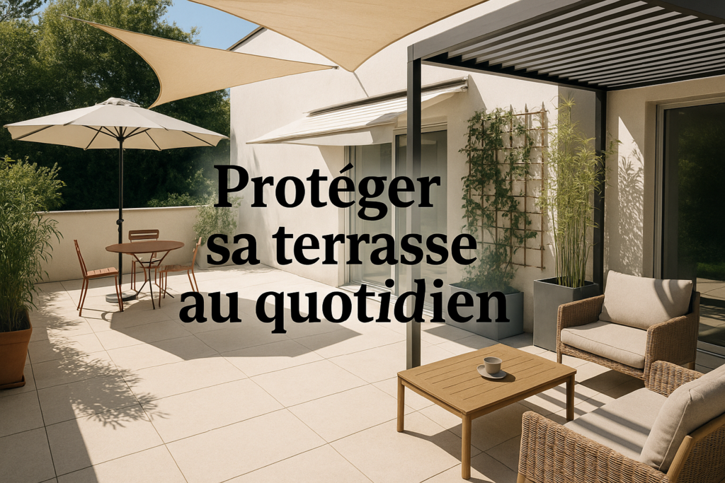 Protection terrasse extérieure avec parasol voile pergola et auvent