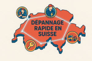 Illustration carte isometrique depannage rapide en Suisse avec icones plombier electricien serrurier remorquage