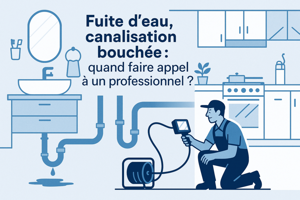 Illustration Fuite d'eau canalisation bouchée dans salle de bain et cuisine avec plombier