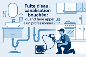 Illustration Fuite d'eau canalisation bouchée dans salle de bain et cuisine avec plombier