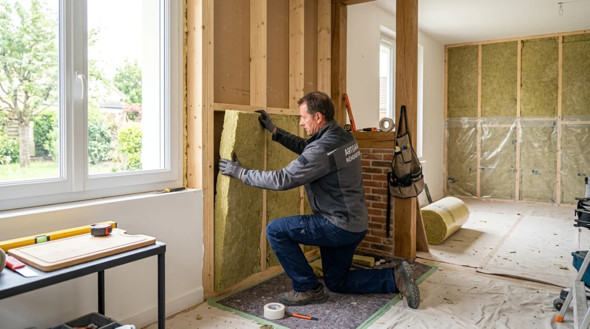 Artisan professionnel posant une isolation thermique sur un mur intérieur lors de la rénovation d'une maison.