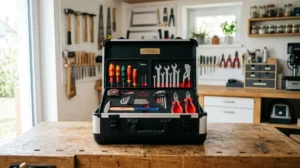 Caisse à outils professionnelle sur établi en bois pour illustrer notre avis fiable sur Brico Hello.