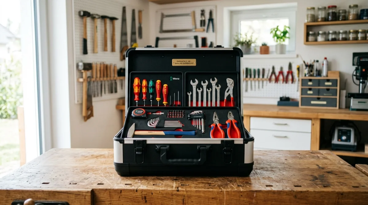 Caisse à outils professionnelle sur établi en bois pour illustrer notre avis fiable sur Brico Hello.
