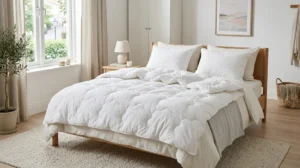 Couette Zelesta moelleuse et élégante sur un lit moderne, illustrant notre avis positif sur ce modèle sans housse.