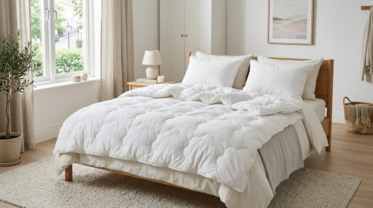 Couette Zelesta moelleuse et élégante sur un lit moderne, illustrant notre avis positif sur ce modèle sans housse.