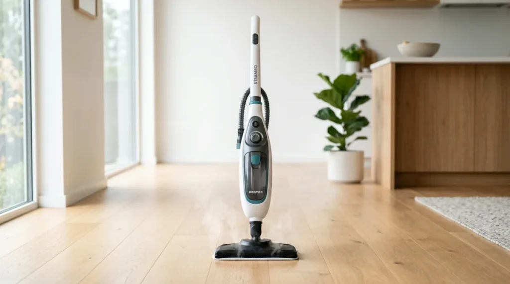 Nettoyeur vapeur Steameo moderne sur un sol en bois propre pour un intérieur sain, avis et test produit.