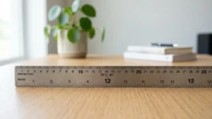 Règle graduée sur un bureau en bois montrant la conversion précise de 12 pouces en cm.