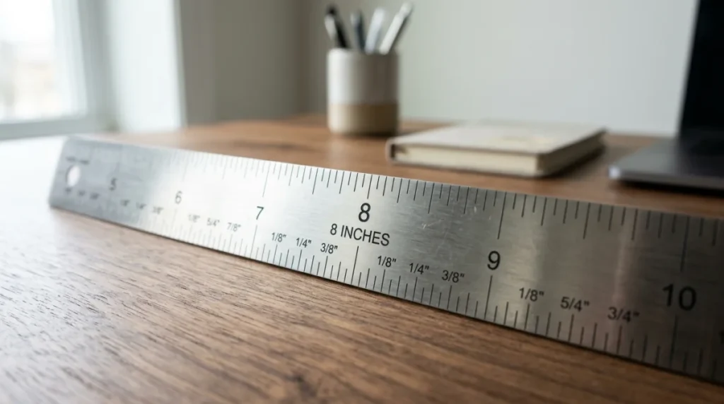 Règle métallique posée sur un bureau en bois pointant la graduation 8 inch pour la conversion en cm.