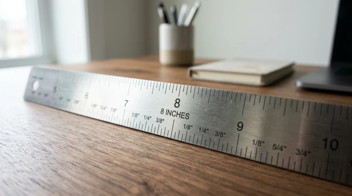 Règle métallique posée sur un bureau en bois pointant la graduation 8 inch pour la conversion en cm.