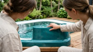Personne examinant une fissure sur la coque d'un spa, illustration d'une marque de spa à éviter.