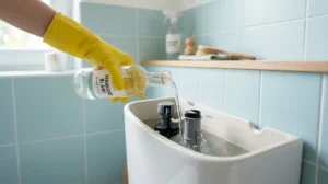 Main gantée versant du vinaigre blanc dans un réservoir pour expliquer comment détartrer une chasse d'eau sans la démonter.
