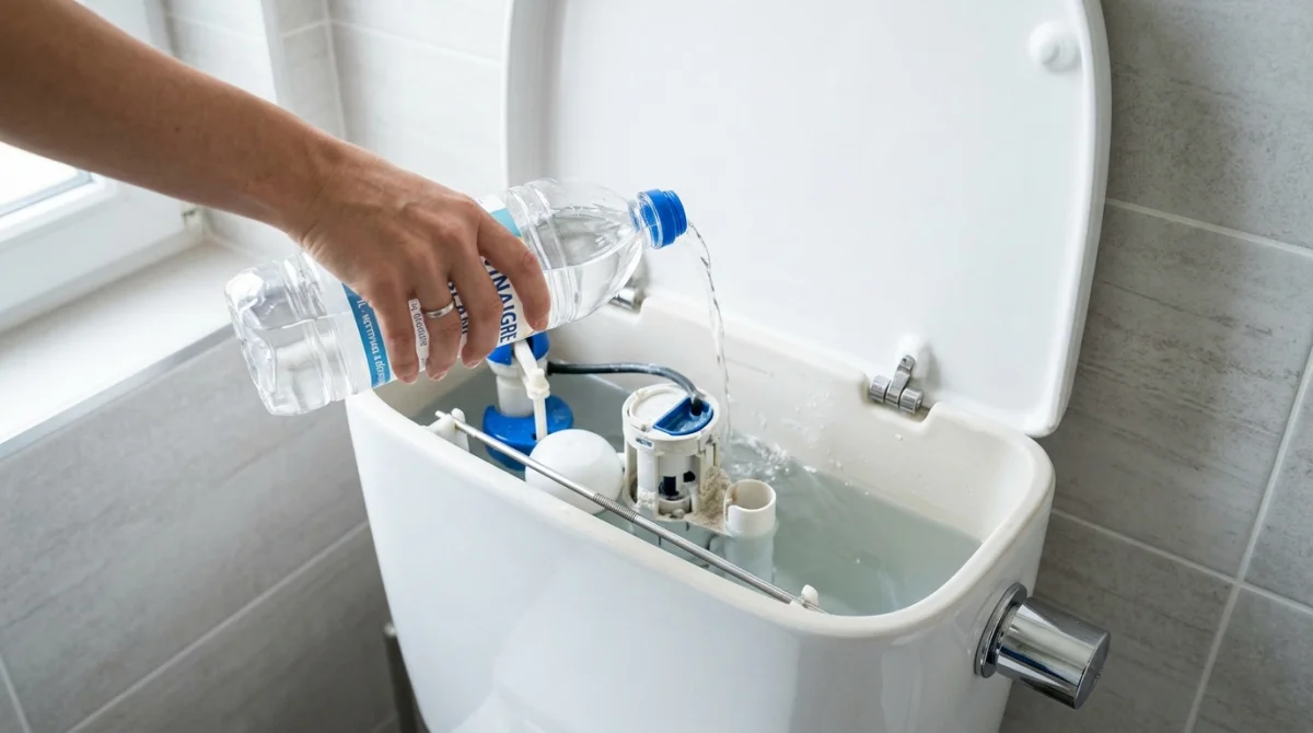 Main versant du vinaigre blanc dans le réservoir d'une chasse d'eau pour expliquer comment détartrer sans la démonter.