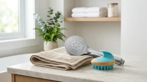 Produits de bien-être Ecovia France incluant le pommeau HydroShower sur un plan de travail en marbre moderne.