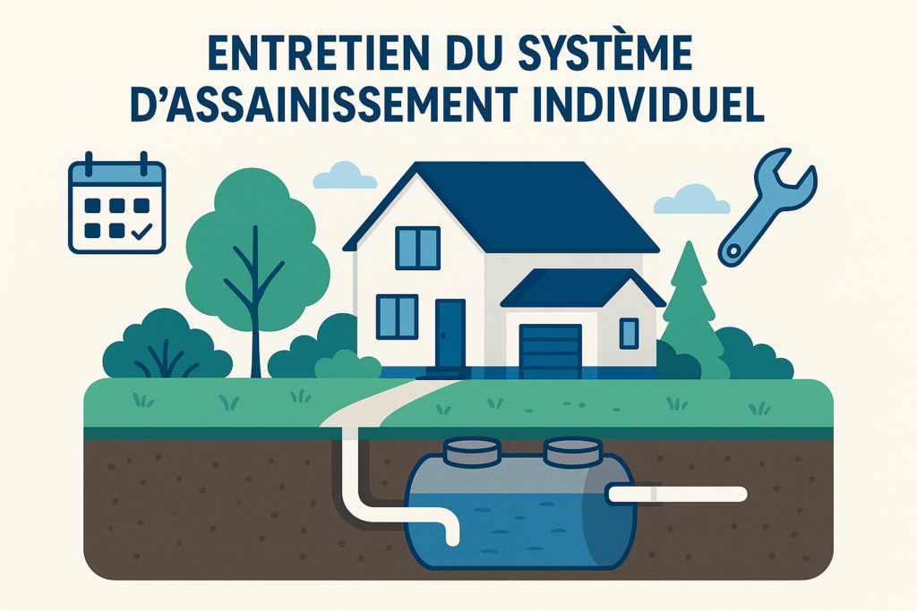 Illustration entretien système d'assainissement individuel avec maison et fosse septique