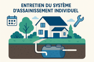 Illustration entretien système d'assainissement individuel avec maison et fosse septique