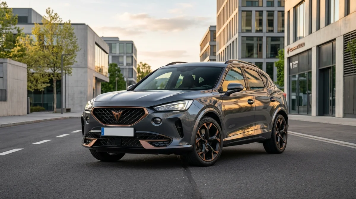 Voiture Cupra moderne au design élégant garée dans un environnement urbain, illustrant qui fabrique la marque Cupra.
