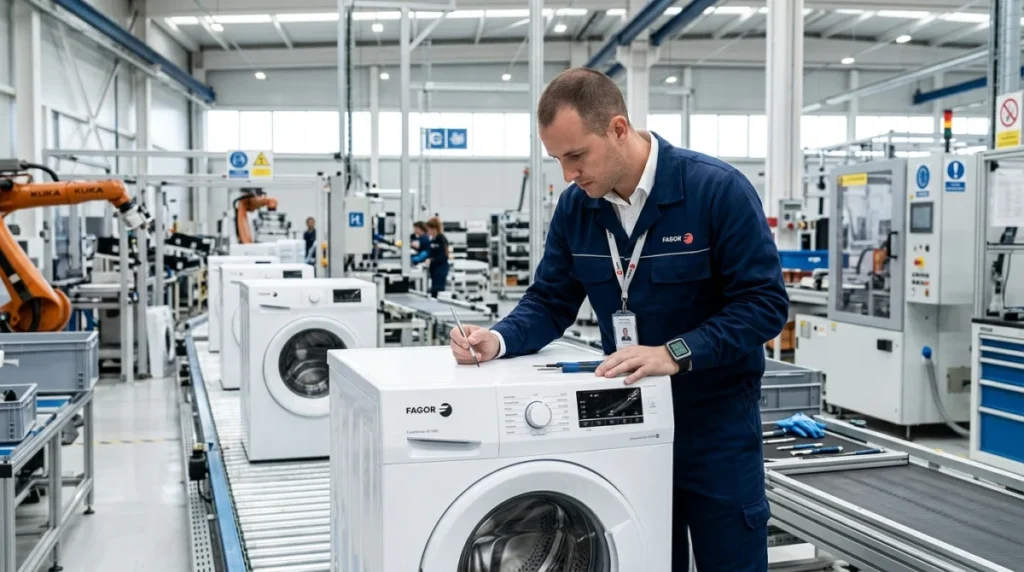 Employé inspectant un appareil électroménager sur une ligne d'assemblage moderne pour illustrer qui fabrique la marque Valberg.