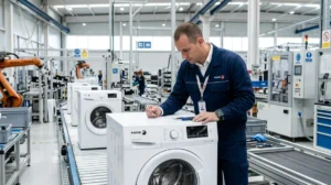 Employé inspectant un appareil électroménager sur une ligne d'assemblage moderne pour illustrer qui fabrique la marque Valberg.