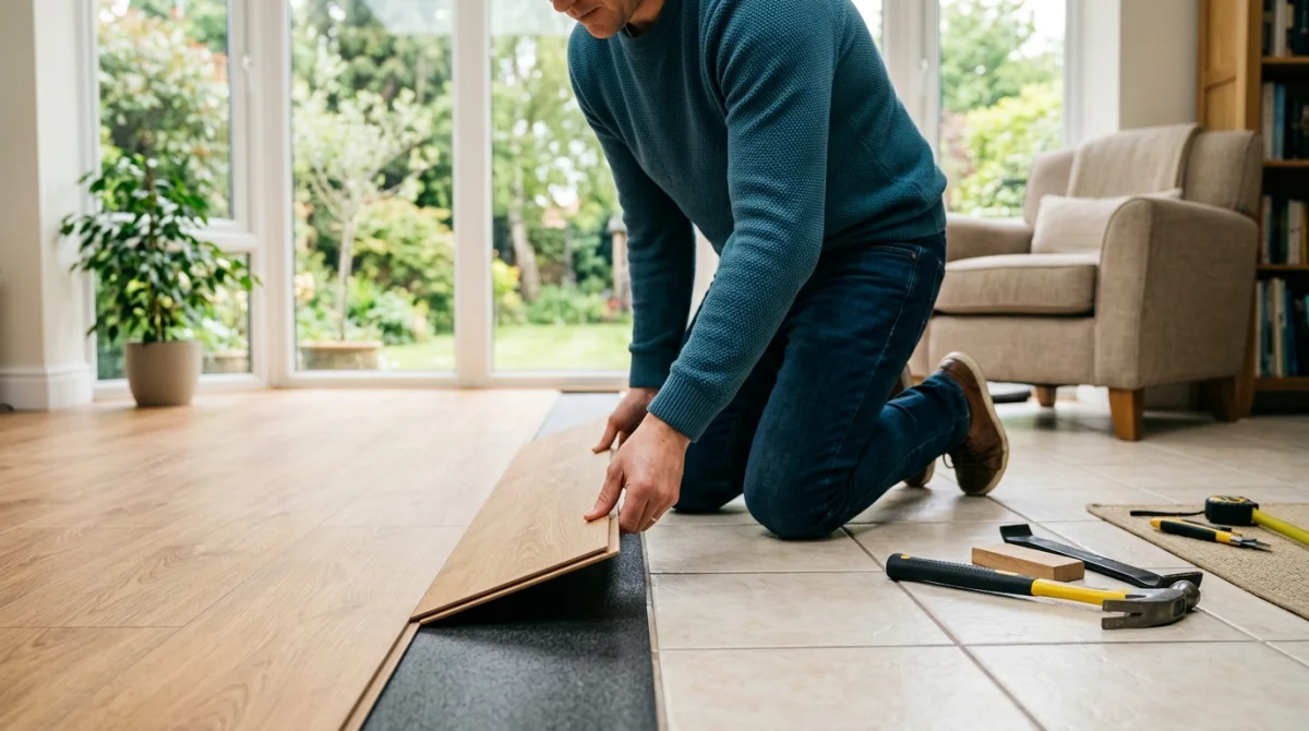Personne posant un parquet stratifié sur un sol carrelé pour mieux isoler du froid un intérieur lumineux.