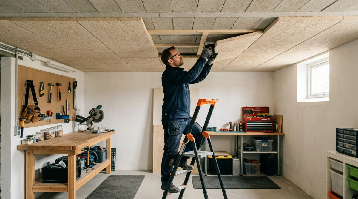 Artisan professionnel installant des panneaux isolants au plafond d'un sous-sol pour isoler du froid un sol carrelé.
