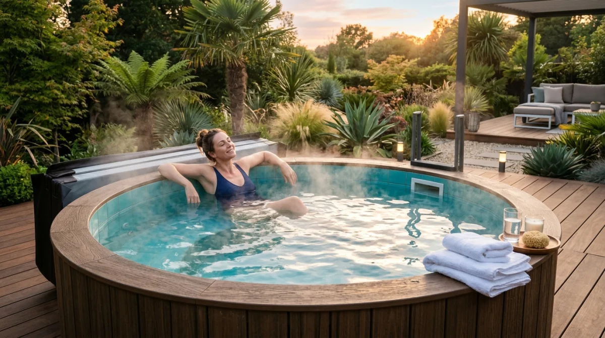 Personne se relaxant dans un spa extérieur luxueux et moderne, idéal pour comparer avec une marque de spa à éviter.