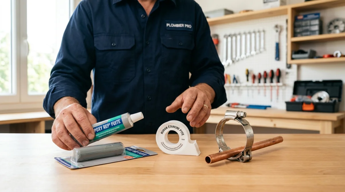 Plombier présentant des outils et accessoires professionnels pour réparer un tuyau percé dans le sol avec efficacité.