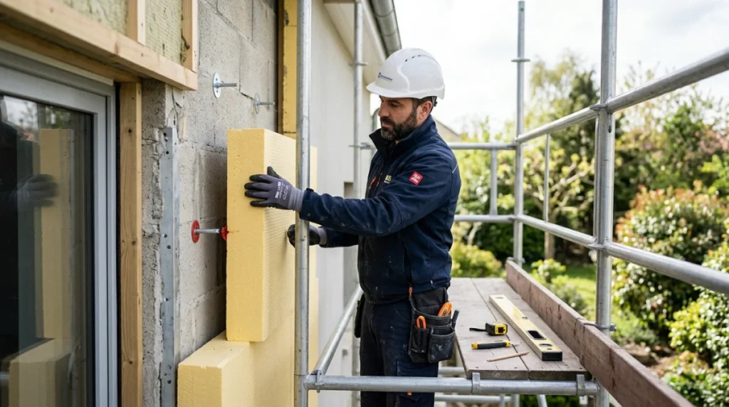 Ouvrier professionnel installant un panneau isolant rigide sur la façade d'une maison lors de travaux de rénovation thermique.