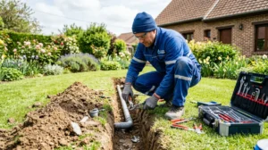 Plombier professionnel réparant un tuyau percé dans le sol d'un jardin résidentiel avec des outils spécialisés.