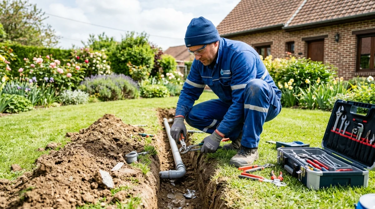 Plombier professionnel réparant un tuyau percé dans le sol d'un jardin résidentiel avec des outils spécialisés.