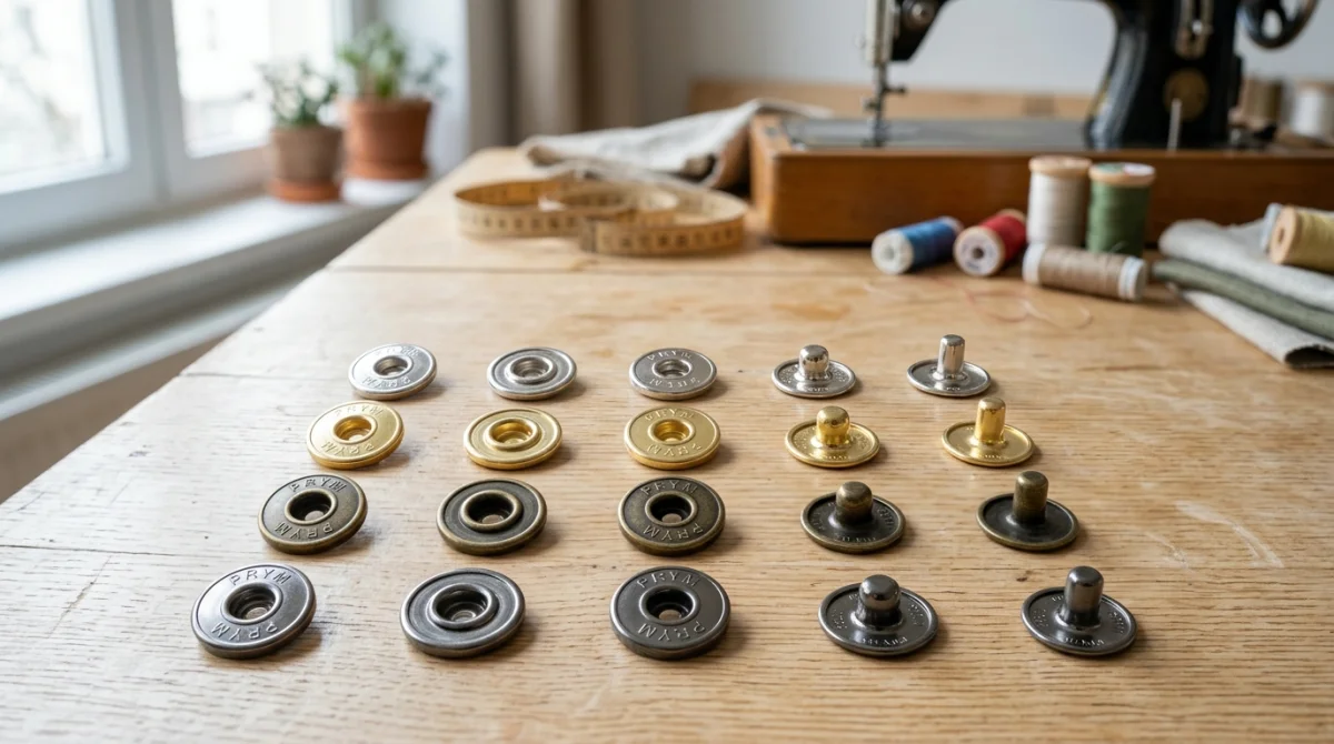 Assortiment de boutons pression métalliques argentés et dorés disposés sur un plan de travail pour couture.