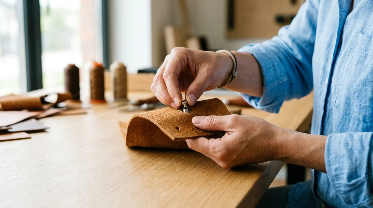 Mains d'un artisan positionnant avec précision un bouton pression sur du cuir pour apprendre comment le poser.
