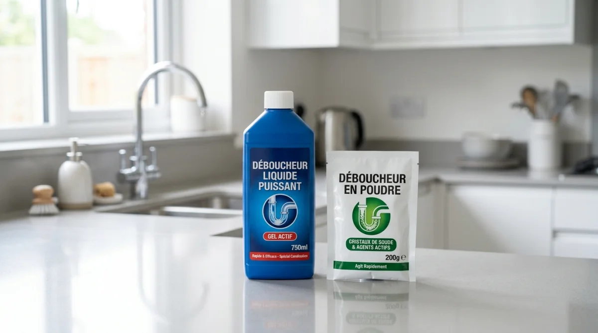 Flacon de gel et sachet de poudre, le produit pour déboucher les éviers idéal dans une cuisine moderne.