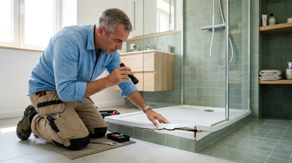 Plombier expert inspectant une fissure sur un receveur de douche à éviter dans une salle de bain moderne.