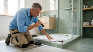 Plombier expert inspectant une fissure sur un receveur de douche à éviter dans une salle de bain moderne.