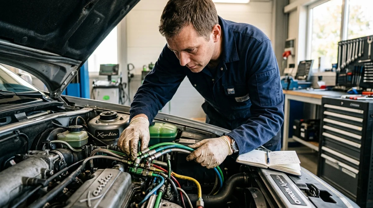 Mécanicien inspectant les tuyaux hydrauliques dans le moteur d'une Citroën Xantia pour une réparation professionnelle.
