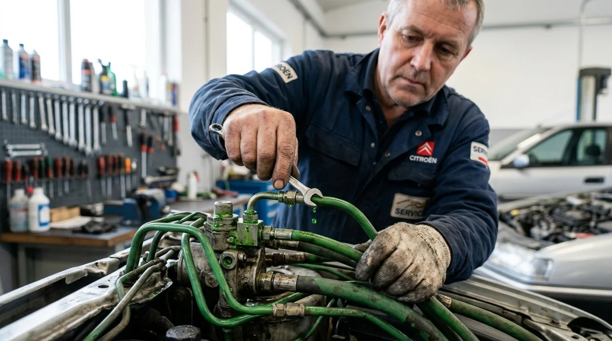 Mécanicien expert inspectant minutieusement un faisceau de tuyaux hydrauliques verts pour la réparation d'une Citroën Xantia.