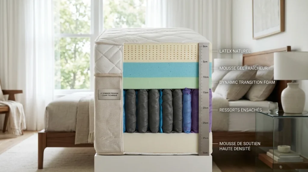 Coupe transversale d'un matelas haut de gamme révélant ses couches technologiques pour choisir une marque de matelas fiable.