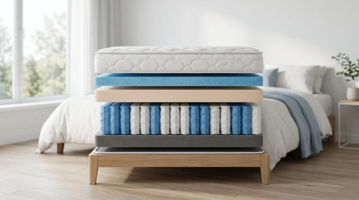 Coupe transversale d'un matelas de qualité montrant ses couches de mousse et ressorts, idéal pour comparer une marque de matelas à éviter.