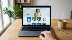 Ordinateur portable sur un bureau en bois affichant une boutique en ligne professionnelle pour notre avis sur Vortexia.