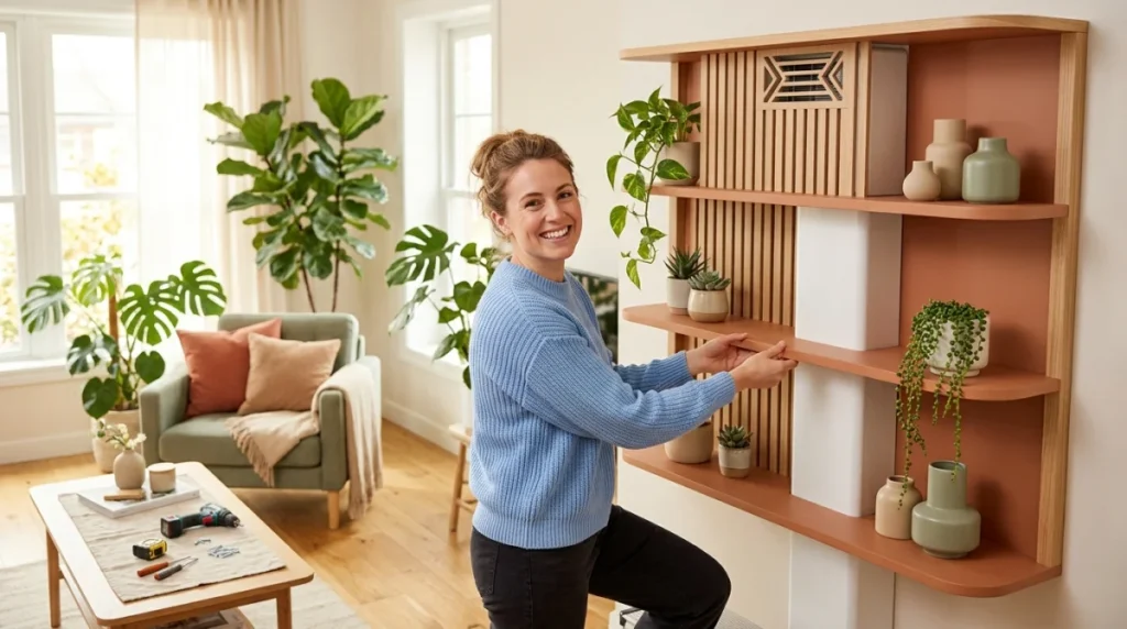 Personne installant une étagère décorative sur mesure pour cacher une goulotte de climatisation dans un salon moderne.