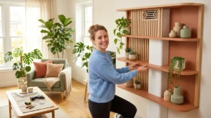 Personne installant une étagère décorative sur mesure pour cacher une goulotte de climatisation dans un salon moderne.