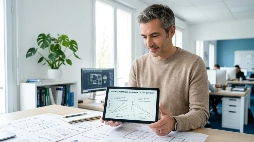 Ingénieur thermique utilisant une tablette pour calculer la puissance nécessaire lors du dimensionnement d'une climatisation professionnelle.