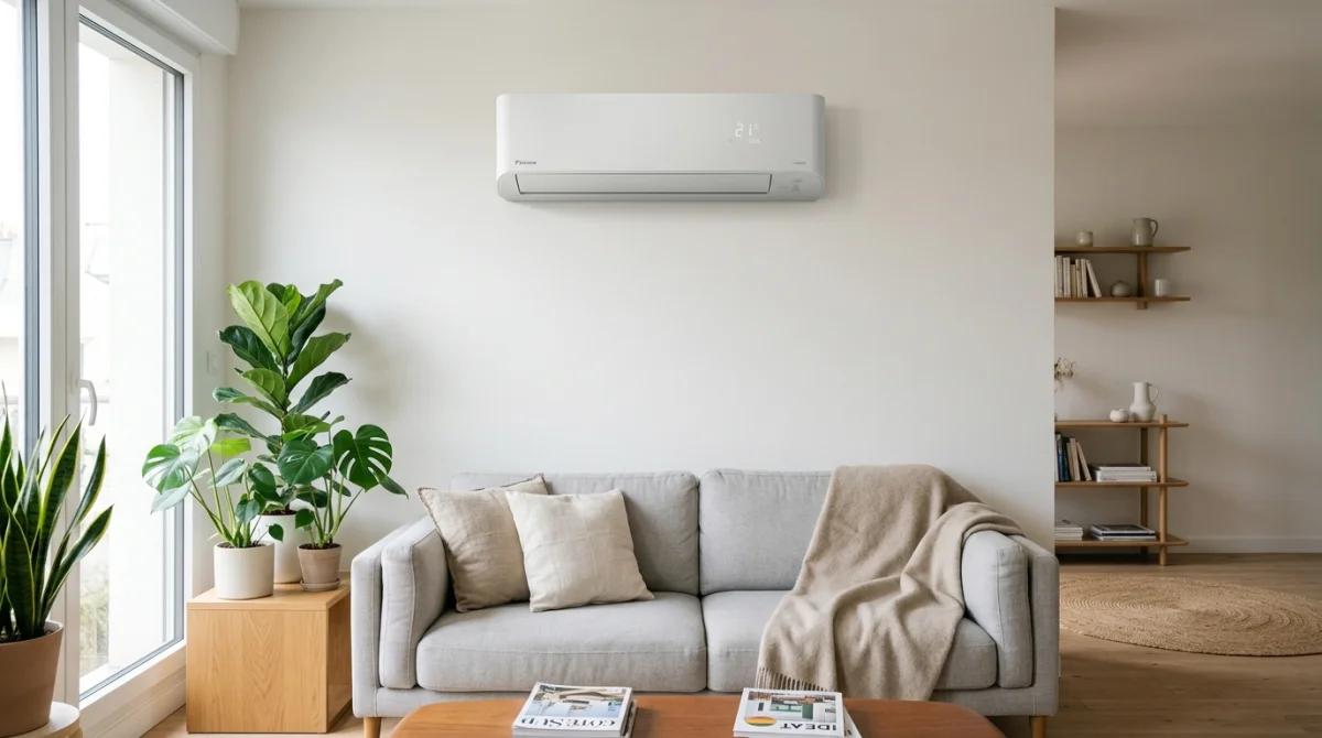 Unité de climatisation moderne fixée au mur dans un salon contemporain lumineux pour calculer la puissance nécessaire.