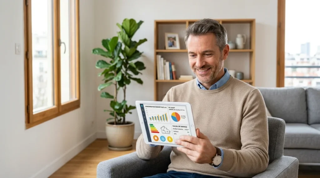 Propriétaire utilisant une tablette pour calculer la puissance d'une climatisation dans un salon moderne et lumineux.