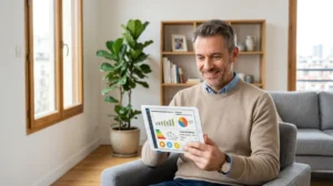 Propriétaire utilisant une tablette pour calculer la puissance d'une climatisation dans un salon moderne et lumineux.