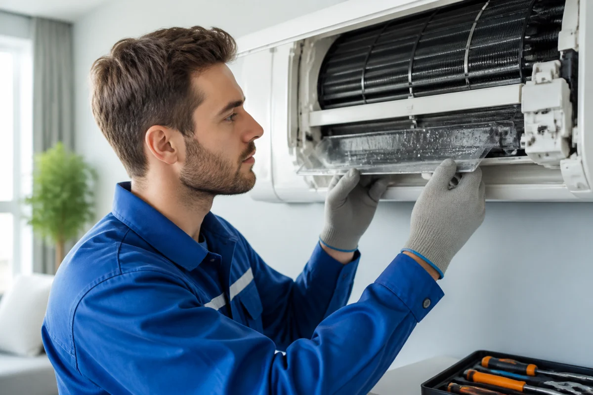 Technicien professionnel inspectant un climatiseur mural pour apprendre comment déboucher un tuyau d'évacuation de climatisation efficacement.