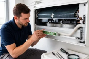 Technicien vérifiant le bac à condensats et le tuyau d'évacuation pour savoir comment déboucher une climatisation murale.