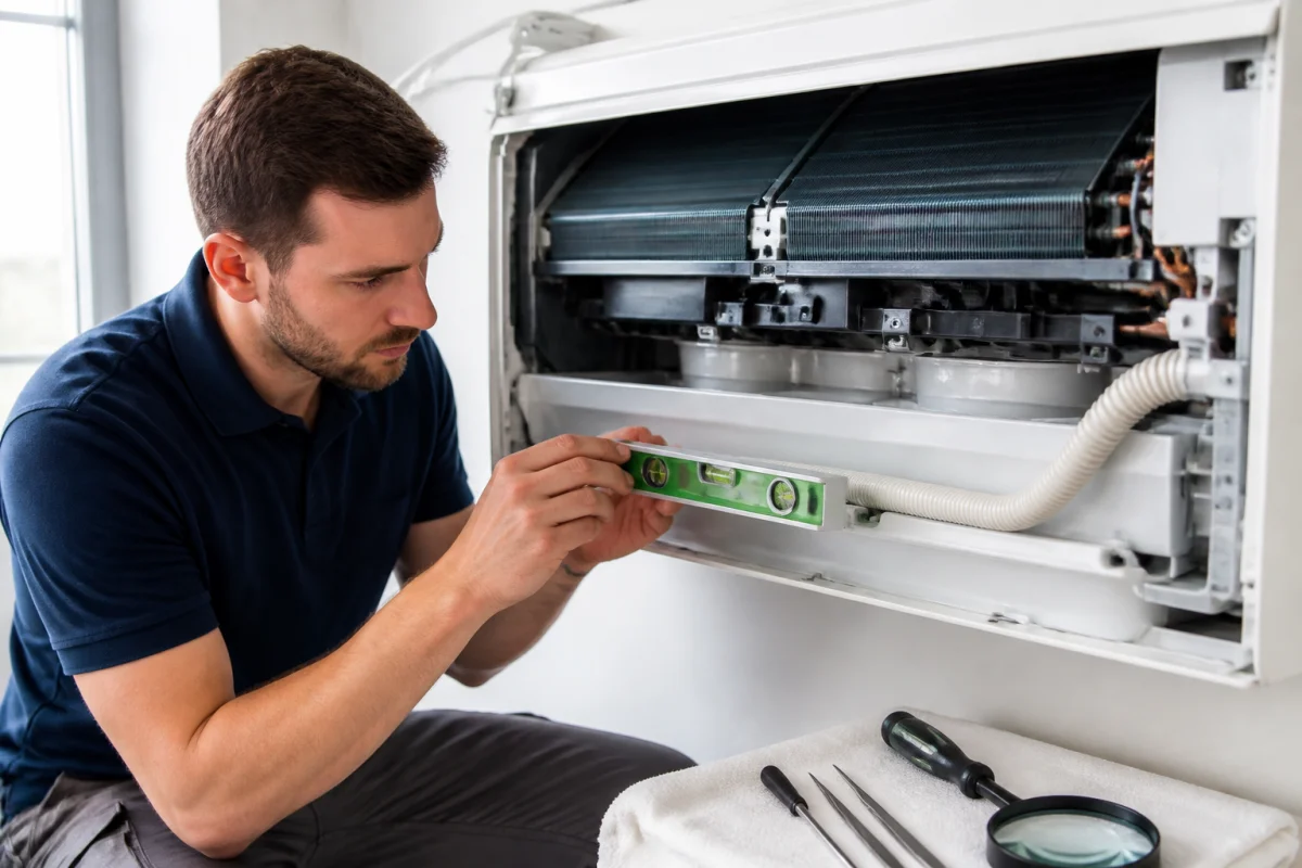 Technicien vérifiant le bac à condensats et le tuyau d'évacuation pour savoir comment déboucher une climatisation murale.